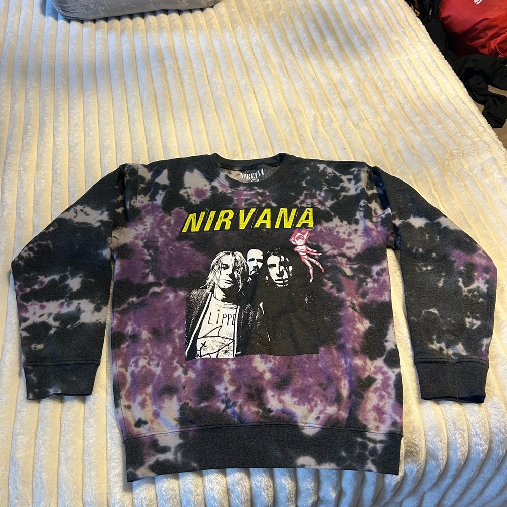 NIRVANA Graphic Tie-Dye Sweater - Purple, Black, and Yellow
